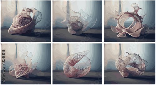 Six abstract sculptures in varying poses displayed in a grid format with neutral backgrounds and lighting