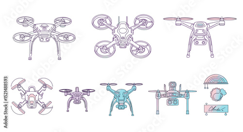 Illustration showing seven different drone designs with varying shapes and propeller configurations