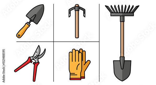 Illustration of gardening tools including a shovel, rake, gloves, and pruning shears on white background