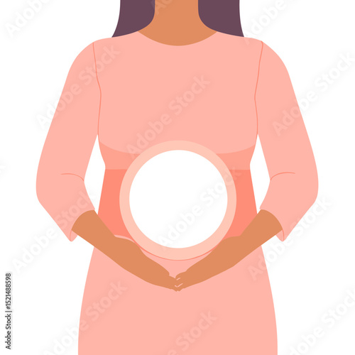 Torso of a Pregnant Woman in a Pink Dress Holding Hands Over the White Round Belly Area on White Background
