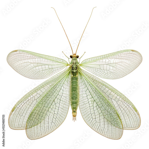 Green Lacewing with delicate wings, cut out
