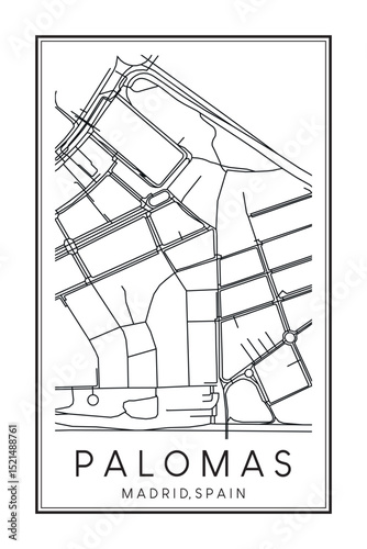 Hand drawn printable downtown road map poster of borough PALOMAS of the Spanish city of MADRID on solid white background with city name