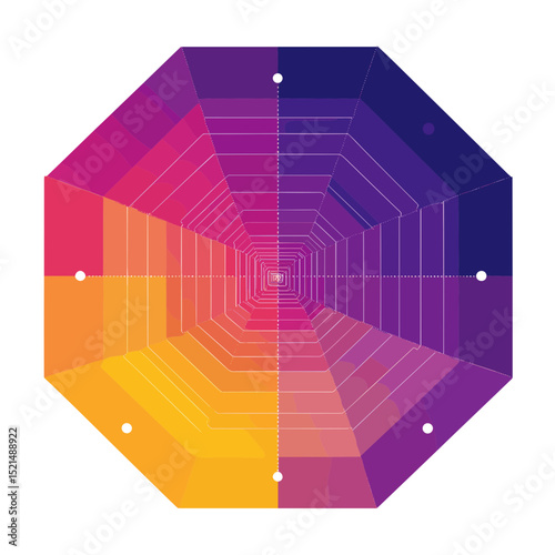Vibrant Octagonal Gradient Tunnel Perspective in Purple Yellow and White Tones Geometric Abstract