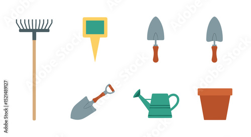 Illustration of various gardening tools including a rake shovels watering can and plant pot on white