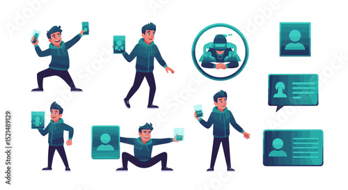 Illustrations showing a man interacting with digital profiles and virtual reality interface design