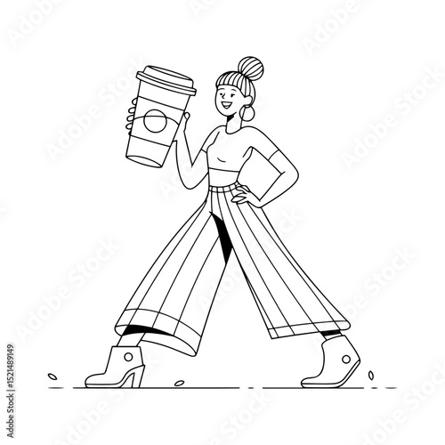 Line art of woman holding an oversized coffee cup.