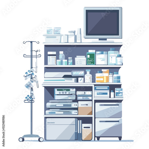 Well Stocked Medical Cabinet with Monitor on Top Shelf in a Light Grey Tone with Blue Interior