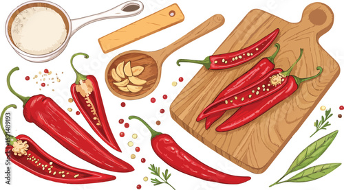 Red Chili on cutting board in white background Vector Design