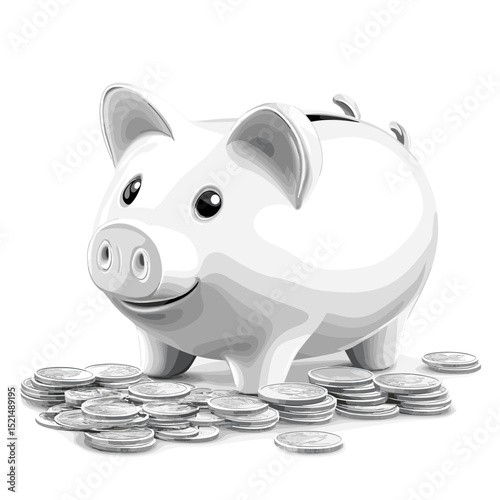 White Piggy Bank with Pile of Coins Concept for Savings and Financial Growth on Isolated Background