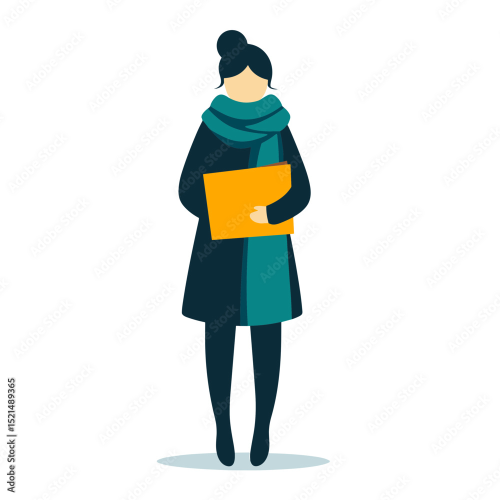 Woman in Dark Blue Coat with Teal Scarf and Orange Folder on White Background Full Body Illustration Woman in Dark Blue Coat with Teal Scarf and Orange Folder on White Background Full Body Illustration