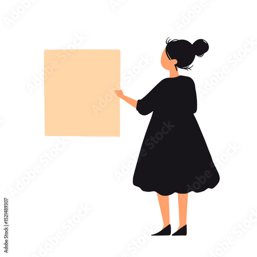 Woman in Black Dress Presenting Beige Artwork on White Wall Minimalist Flat Illustration