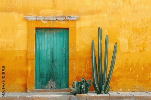 Vibrant and colorful Mexican street scene with cacti and a weathered wooden door against a yellow wall.