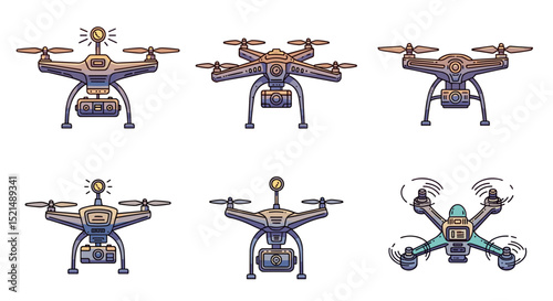 Illustration featuring six stylized drones with varying designs and color schemes on a white background