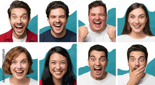 Compilation of eight diverse individuals expressing strong emotions of joy and surprise on a teal background