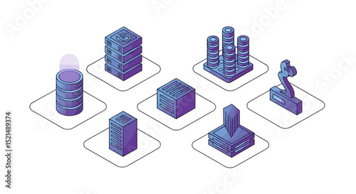 Isometric view of various server types and data storage icons arranged on square platforms isolated