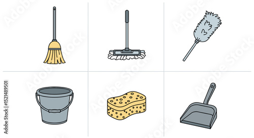 Illustration of cleaning supplies including a broom mop duster bucket sponge and dustpan in a grid