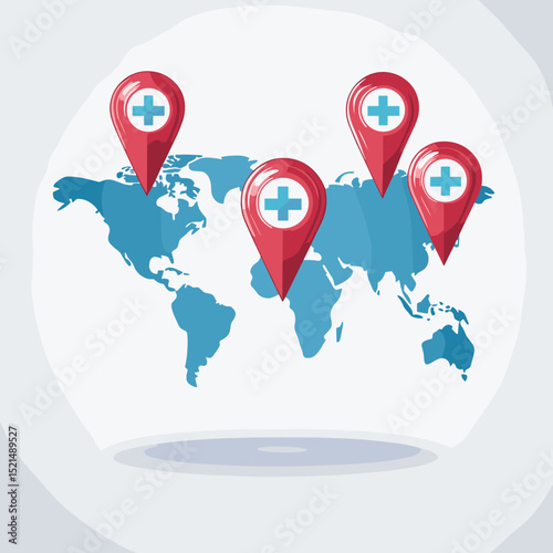 World Map with Location Pins in Blue and Red Tones on a White Circular Backdrop for Global Services