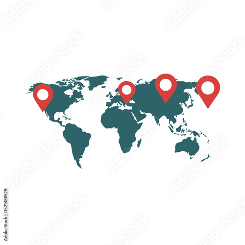 World Map with Location Pins in Teal and Red Flat Design on White Background Represents Global Destinations