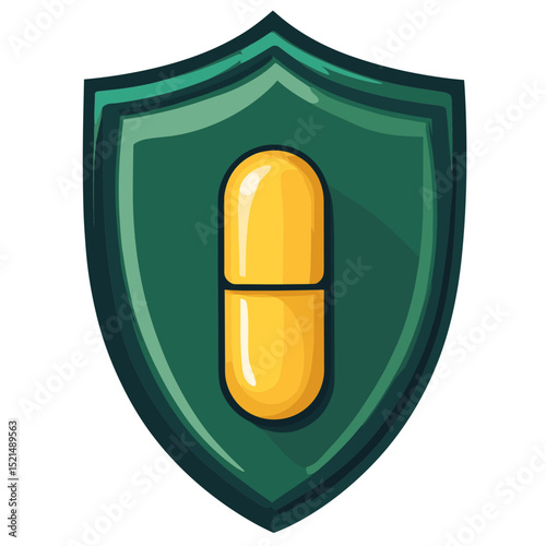 Yellow Capsule on Green Shield Representing Health Protection and Medical Wellness Isolated on White