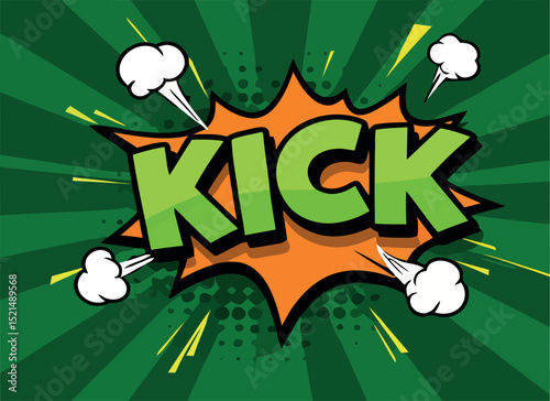 Comic style kick text with dynamic green background for graphic design vector illustration