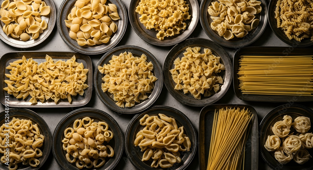 Assortment Of Raw Pasta Shapes Displayed On Dark Metal Plates Ready For Cooking Assortment Of Raw Pasta Shapes Displayed On Dark Metal Plates Ready For Cooking