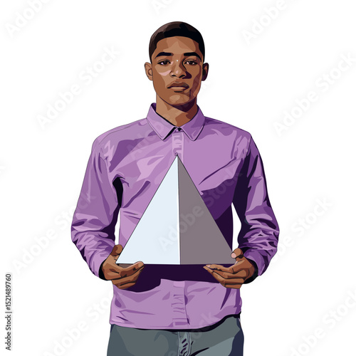 Young Man in Purple Shirt Holding Geometric Triangle with Gray and White Isolated on White Background Studio Shot