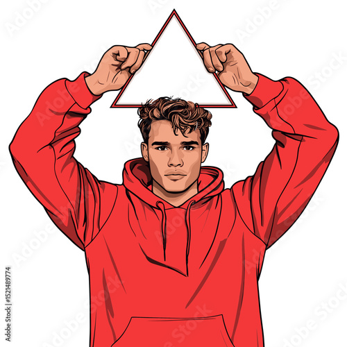 Young Man in Red Hoodie Holding White Triangle Geometric Shape Overhead with Upward Arms in Isolated Background