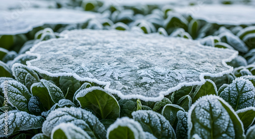 Frozen Spinach Field With Thin Layer Of Ice Crystals During Winter