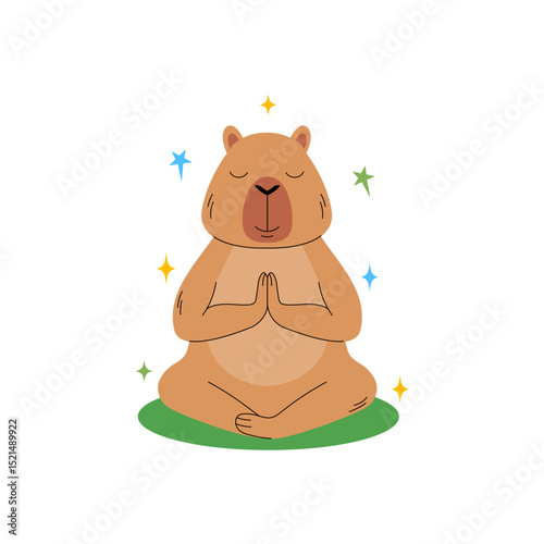 Capybara  in a meditative pose with its eyes closed and surrounded by colorful stars