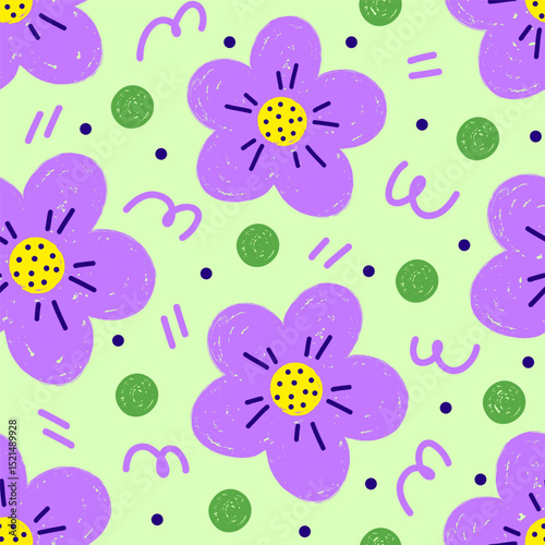 A playful and vibrant seamless pattern with hand drawn style flowers, polka dots and scribbles