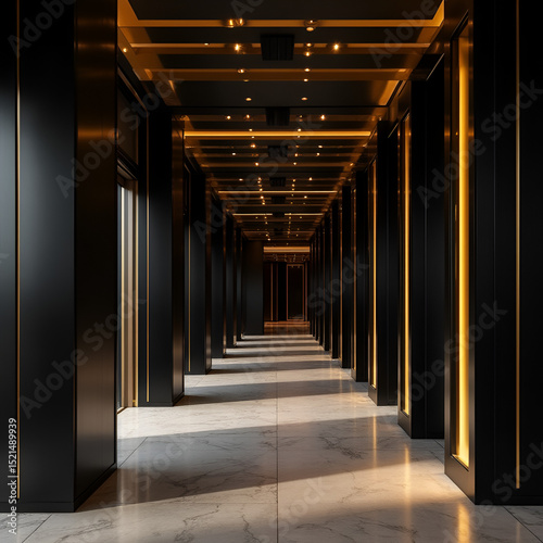 A luxurious, long, and narrow corridor with dark, polished walls accented by glowing golden vertical lights, leading to a distant vanishing point.

