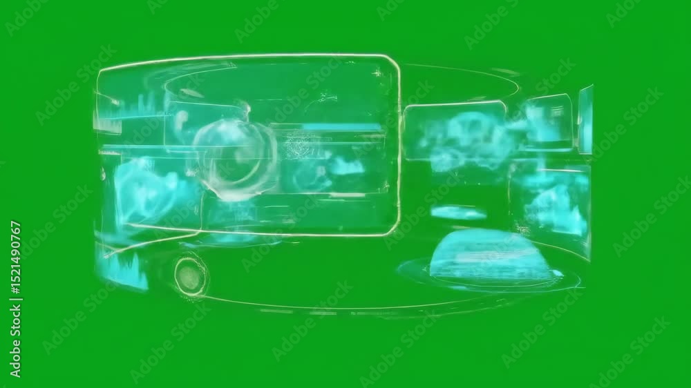 Holographic technology with interface elements. Digital display screen on green screen background. Future user interface for chromakey footage.