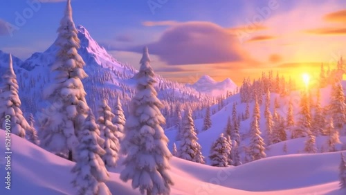 Title : Animated snowy pine forest in mountain valley during vibrant sunset glow. Landscape concept