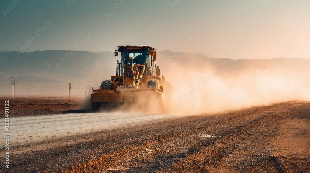 Fototapeta premium Modern grader smoothing road in desert environment