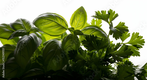 Aromatic Herbs Freshly Grown Basil And Parsley On The Bright Background
