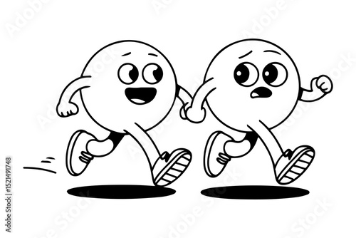 Minimalist line-art illustration of two anthropomorphic characters running hand in hand .