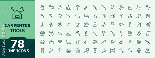 Carpenter Tools vector icon set. Wood Craft collection of simple line web icons. Minimal icons pack. Craft icon set. Vector illustration. Pixel perfect.