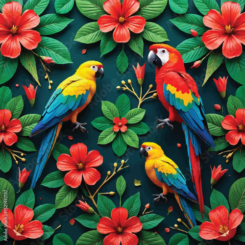 Three colorful parrots perched among lush green leaves and bright red flowers, vibrant and lively.
