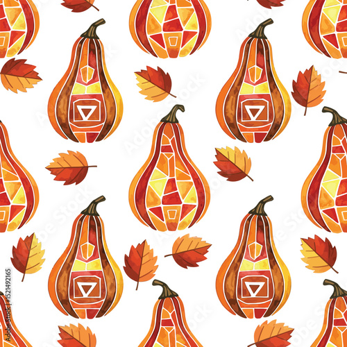 Modern Geometric Fall Gourd and Foliage Background,