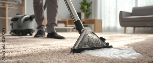 The vacuum cleaner deep cleaning a carpet in a stylish home environment.