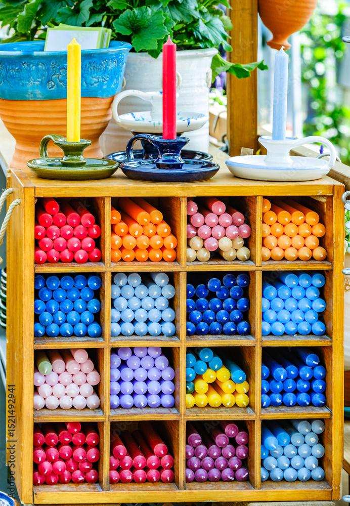 custom made wallpaper toronto digitalColorful display of decorative balls and candles in a rustic wooden shelf at a local market during a sunny afternoon