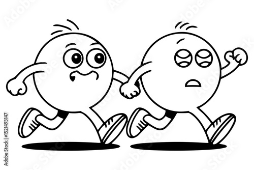 Minimalist line-art illustration of two anthropomorphic characters running hand in hand .