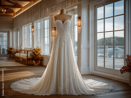 Elegant Bridal Gown: A stunning white wedding dress, draped gracefully on a mannequin, radiates timeless elegance, showcasing the intricate details of the bodice and the flowing skirt.