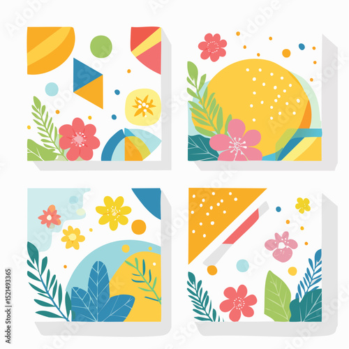 Vector set of abstract creative backgrounds in minimal trendy style with geometric flowers - design templates for social media stories and posts - summer simple, stylish designs for invitations