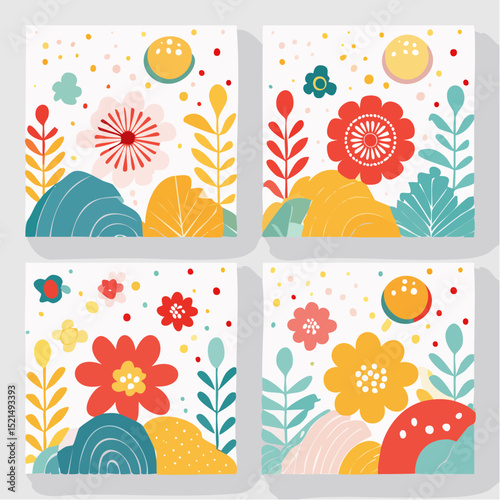 Vector set of abstract creative backgrounds in minimal trendy style with geometric flowers - design templates for social media stories and posts - summer simple, stylish designs for invitations