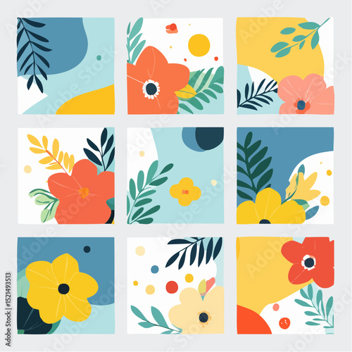 Vector set of abstract creative backgrounds in minimal trendy style with geometric flowers - design templates for social media stories and posts - summer simple, stylish designs for invitations