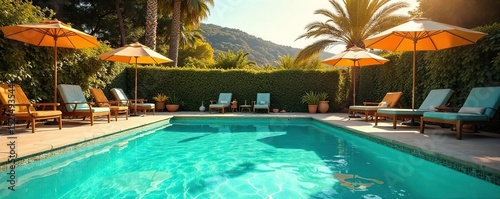 Sun-drenched vintage pool scene, turquoise water shimmering, classic poolside furniture, retro vibe, idyllic summer day Relaxing atmosphere, peaceful, tranquil, escape , retro, old, concrete