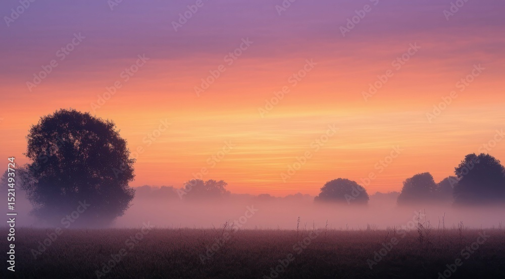 Obraz premium Peaceful dawn landscape with trees shrouded in mist at sunrise.