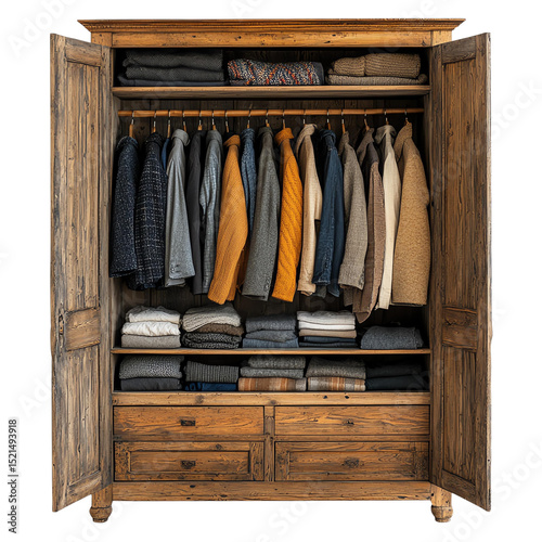 A spacious wooden wardrobe filled with neatly arranged clothing, showcasing a variety of stylish outfits and accessories.