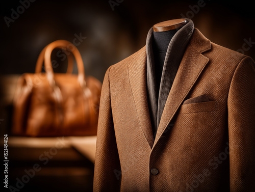 Elegance in Detail: A meticulously tailored suit, adorned with a classic scarf, stands poised beside a stylish leather bag, a testament to timeless sophistication and sartorial excellence. 